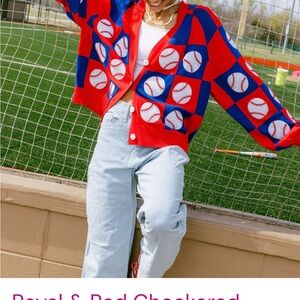 Queen of Sparkles QOS - Royal & Red Checkered Baseball Cardigan
